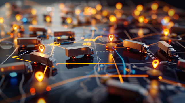 Digital representation of logistics and transportation system with trucks and GPS markers. Concept of smart logistics and fleet management.
