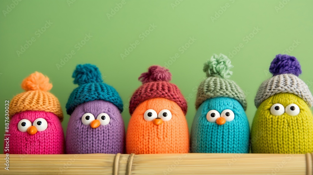Aufkleber a row of colorful knit birds with hats on. the hats are of different colors and sizes. the birds are