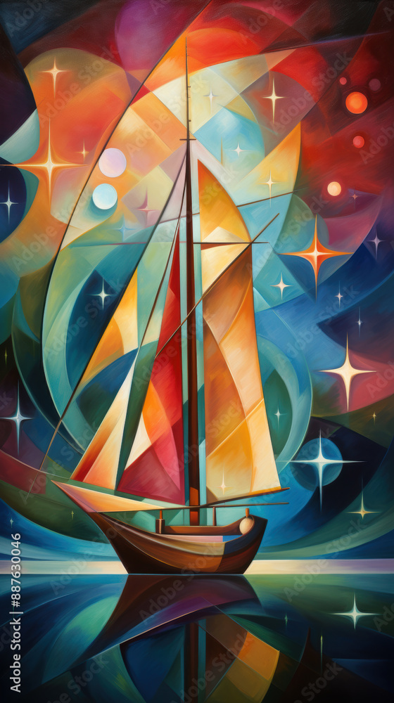 Poster abstract cubist or cubism style painting of a sailing ship with orange sails navigates through vibra
