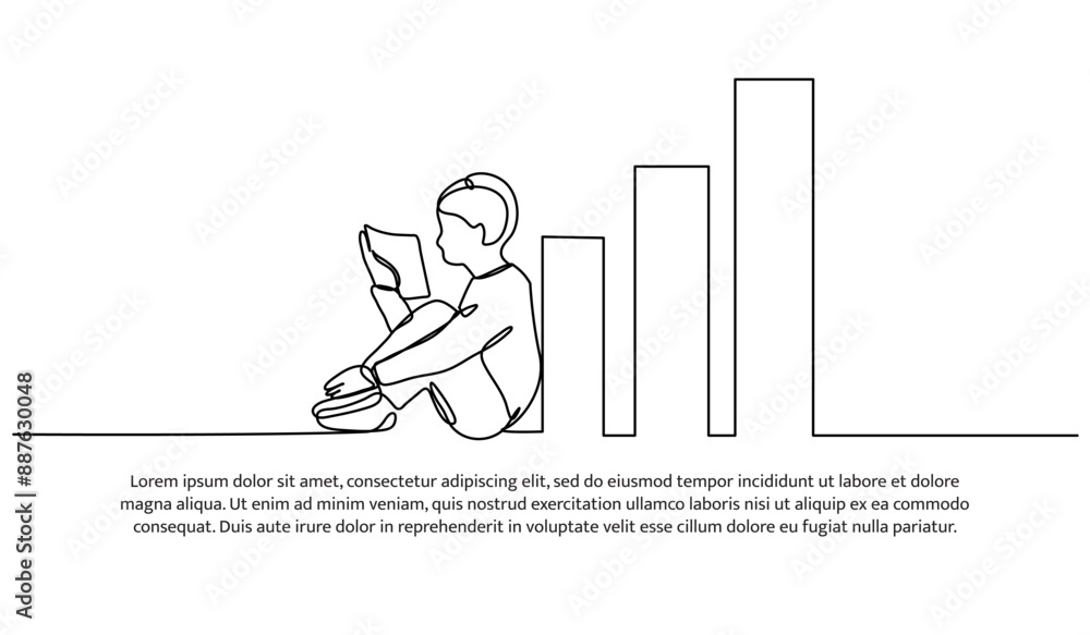Poster continuous one line design of boy reading a book increasing knowledge. minimalist style vector illus
