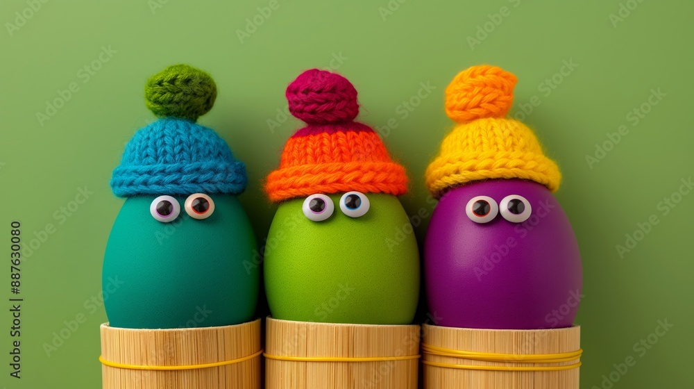 Aufkleber three eggs with hats on them are sitting in a basket. the eggs are all different colors and sizes, a