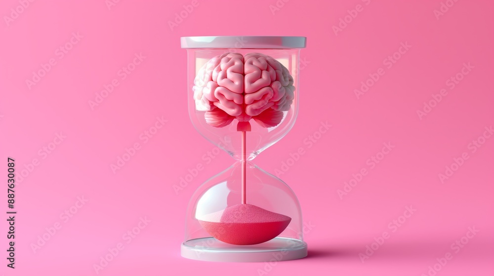 Poster a pink brain is sitting on top of a pink sand timer. concept of time passing and the importance of u