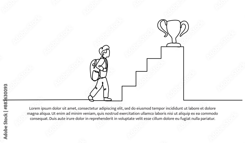 Poster continuous one line design of student achieving dreams. minimalist style vector illustration on whit