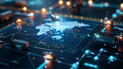 Futuristic logistics network concept with glowing dots and global map represents modern supply chain, transportation, and digital connections.
