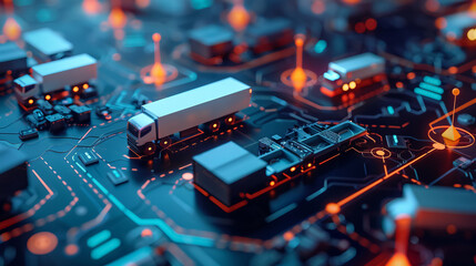 Futuristic transport concept with trucks and circuitry. Technology, logistics, innovation, and connectivity in a digital world.