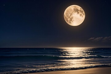 A full moon hangs in the dark night sky, casting a silvery reflection on the calm ocean waves