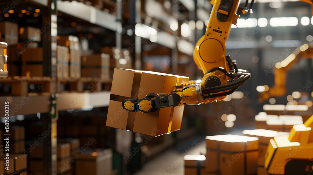 Poster robotic arm efficiently handling packages in a modern warehouse, showcasing automation and advanced 
