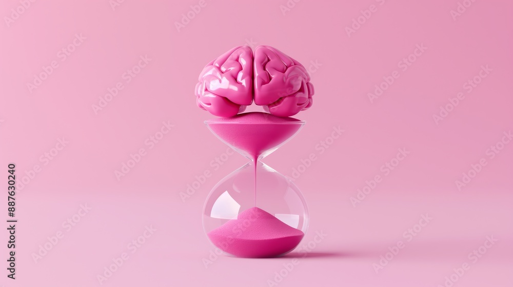 Poster a pink brain is sitting on top of a pink sand timer. concept of time passing and the importance of u