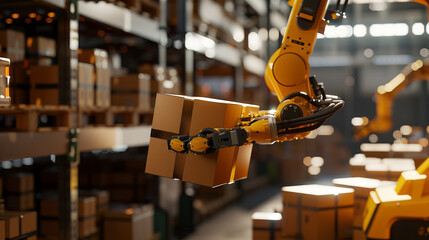Robotic arm efficiently handling packages in a modern warehouse, showcasing automation and advanced logistics technology.