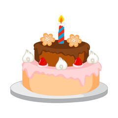 Vector illustration of a birthday cake, cakes and cupcakes, candles and decorations. Layered cakes with icing and cream insulated with burning candles. Chocolate and vanilla pastries