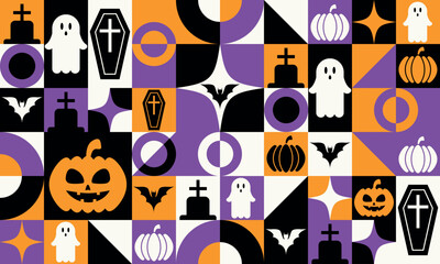 Contemporary abstract geometric design showcased in Halloween banner for festive occasion. Vector horizontal banner with geometric features like pumpkin, bat, ghost, and cemetery