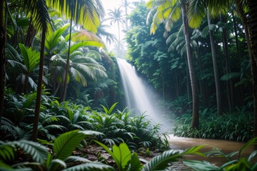 Lush jungle waterfall cascades down rocks beneath a vibrant canopy of trees