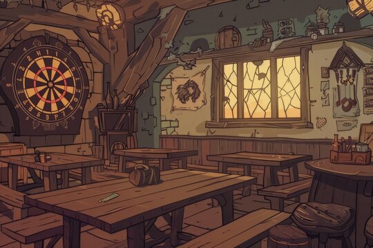 An inviting tavern with wooden benches and a dartboard on the wall. A storyteller captivates listeners with tales of dragons. Cozy vibe, Generative AI 