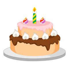 Vector illustration of a birthday cake, cakes and cupcakes, candles and decorations. Layered cakes with icing and cream insulated with burning candles. Chocolate and vanilla pastry with cream