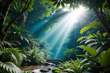 Tropical jungle with towering palm trees, lush greenery, and vibrant sunlight