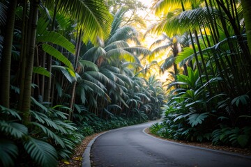 Palm trees lined the sandy beach, their fronds swaying gently in the tropical breeze as the sun dipped below the horizon, casting a golden glow over the ocean