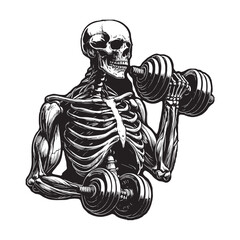 Funny Body Builder Posing Skull White on Black Tattoo Style Gym Logo Vector for T-shirts and Wall Decal Workout Athletic Gym Muscle Fitness Beast Barbell Bodybuilding Healthy Wall Sticker Gym Decor