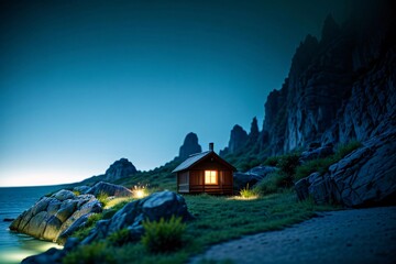A cozy wooden chalet nestled on a green mountainside bathed in the warm glow of a summer night sky