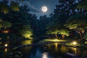Serene night landscape with a moon reflected on still water, trees silhouetted against a dark, starry sky