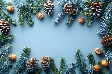 Naklejka premium Festive Winter Holiday Background with Frosted Pine Cones and Evergreen Branches for Seasonal Design