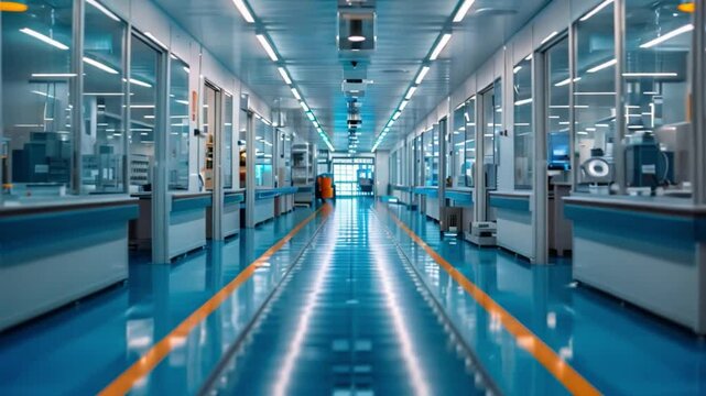 A clean and sterile corridor inside a lab-on-a-chip manufacturing facility, showcasing the high-tech environment for producing these miniature analytical devices.