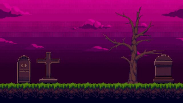 Animated pixel art graveyard landscape. Cemetery background against violet sky for 8 bit video game. Looping animation.