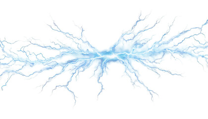 Powerful electric lightning bolt with bright blue energy striking across isolate on transparent background, cutout, png