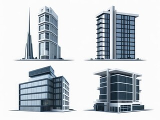 Different styles of modern buildings isolated on white background, high rise buildings.