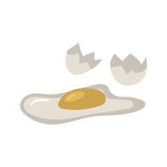 A close-up image of a broken chicken egg with a cracked shell. The yolk is visible, ready for cooking or baking. The yolk and white of a broken white chicken egg. Isolated product