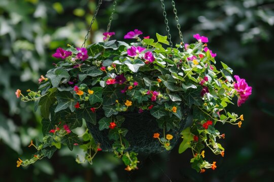 A beautiful hanging basket overflowing with trailing ivy and colorful flowering plants, swaying gently in the breeze - Powered by Adobe