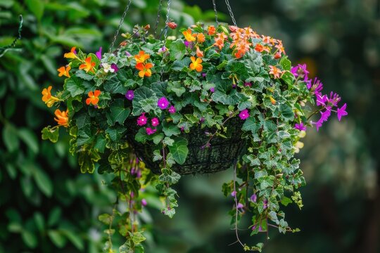 A beautiful hanging basket overflowing with trailing ivy and colorful flowering plants, swaying gently in the breeze
