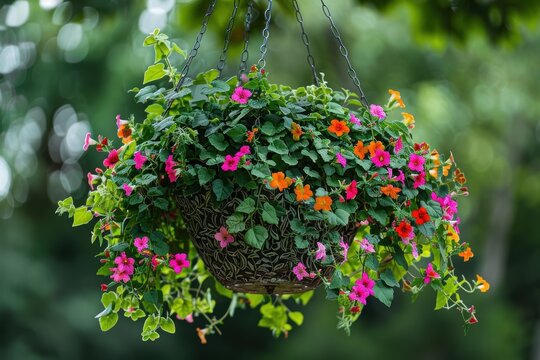 A beautiful hanging basket overflowing with trailing ivy and colorful flowering plants, swaying gently in the breeze