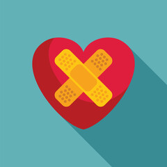 Red heart with a bandage forming an x across it, symbolizing heartbreak, healing, and emotional pain