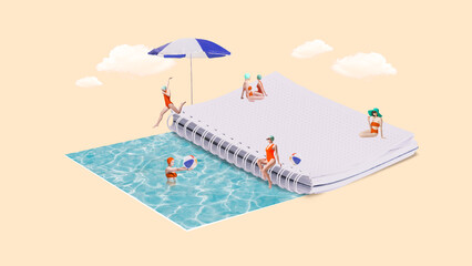 Contemporary art collage. Notebook turned into pool where young woman relaxing, swimming against...