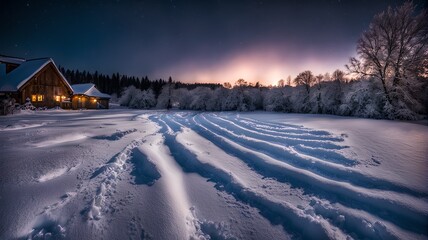 Obraz premium Winter night view, Snowy field, Generative AI