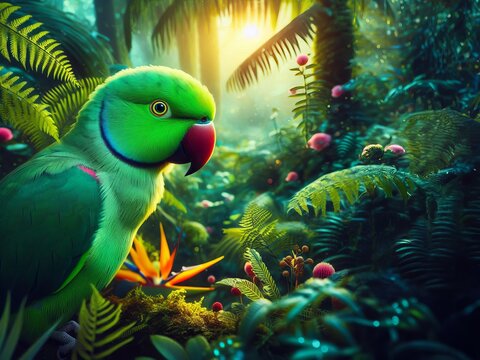 A vibrant scene featuring the Echo parakeet (Psittacula eques), a species of rare parrot endemic to the lush Mascarene Islands of Mauritius &ndash; Generated image