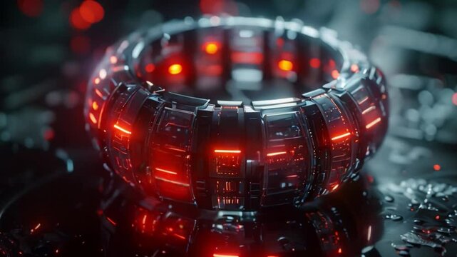 Close-up of a futuristic wearable device with glowing red lights, suggesting advanced technology integration.