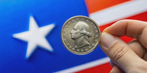 Close-up of a quarter dollar coin held between fingers against a distinctive blue and red logo featuring a circle of stars on a white background.