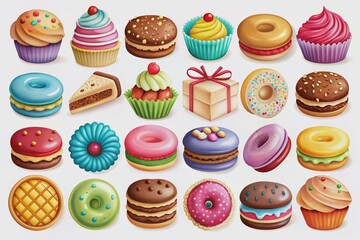 Colorful sweet treats icons set featuring cakes, macarons, donuts, and cookies with vibrant filling patterns, perfect for bakery branding and food-related designs.