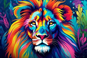 Colorful portrait of a lion, creative illustration in bright colors, pop art style