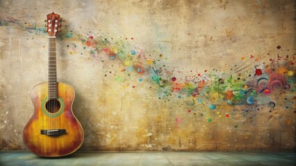 Vintage-style illustration of an acoustic guitar emitting swirling musical notes in a mesmerizing abstract melodic pattern.