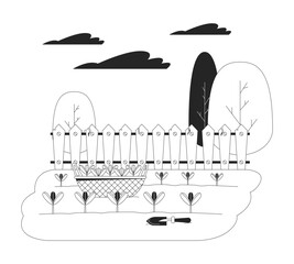 Seedlings basket and shovel in kitchen garden black and white flat line illustration. Growing plants for food manufacturing 2D lineart scene isolated. Farm life monochrome vector outline image