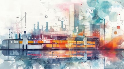 Abstract watercolor illustration of scientists in a laboratory setting with beakers and chemical equipment.