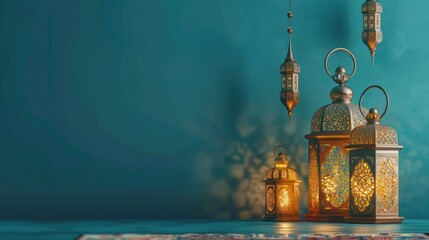 Obraz premium Ornate golden lanterns casting intricate patterns on a blue background for Ramadan