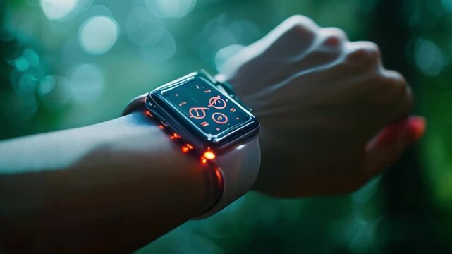 Close up of a wrist with a smartwatch glowing orange, showing potential for wearable biosensors in managing health.