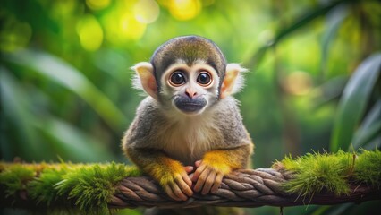 Obraz premium Adorable little monkey with fluffy fur and big round eyes sitting alone on a tree branch in a lush jungle environment.