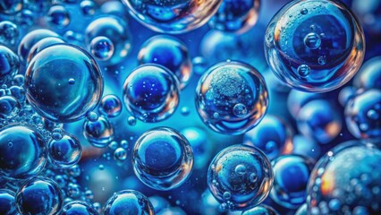 Mesmerizing studio shot of transparent blue carbonated gas bubbles suspended in water, exuding fresh vitality and rejuvenation.