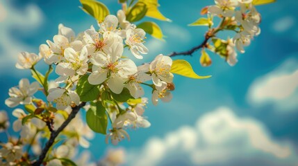 Delicate white cherry blossoms bloom against a backdrop of soft blue sky