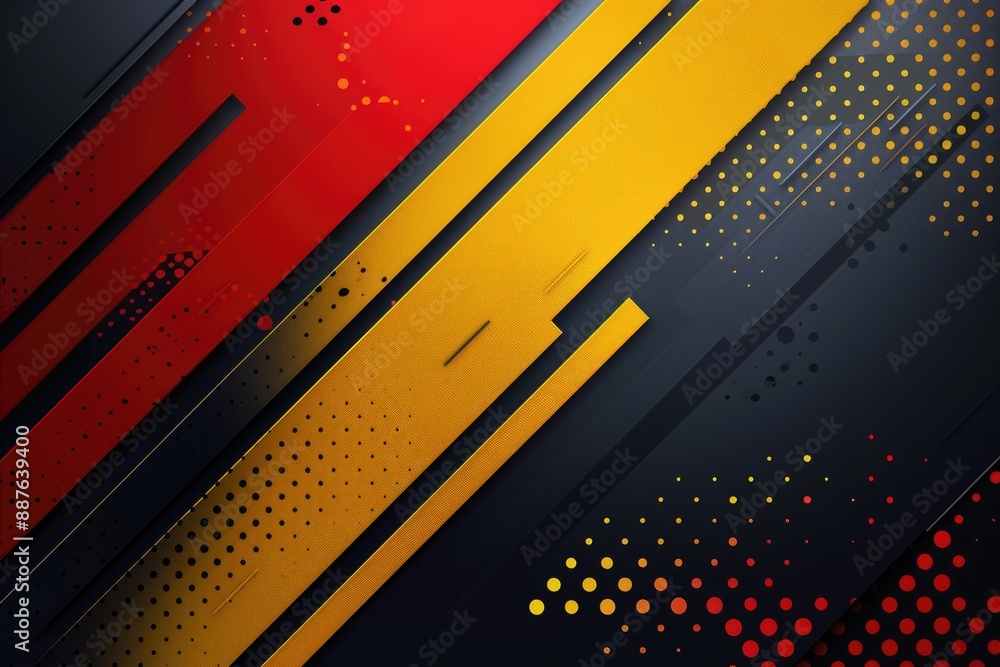 Poster abstract geometric background with dynamic red and yellow stripes and halftone dots
