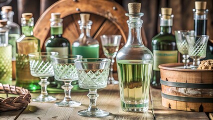 Mysterious green elixir in vintage glass bottle with ornate crystal goblets on wooden table in dark room